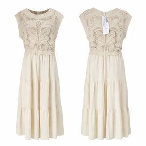 Polygram NWT Tea Length Crochet Cream Dress Sz L Tiered Skirt Cottagecore Resort